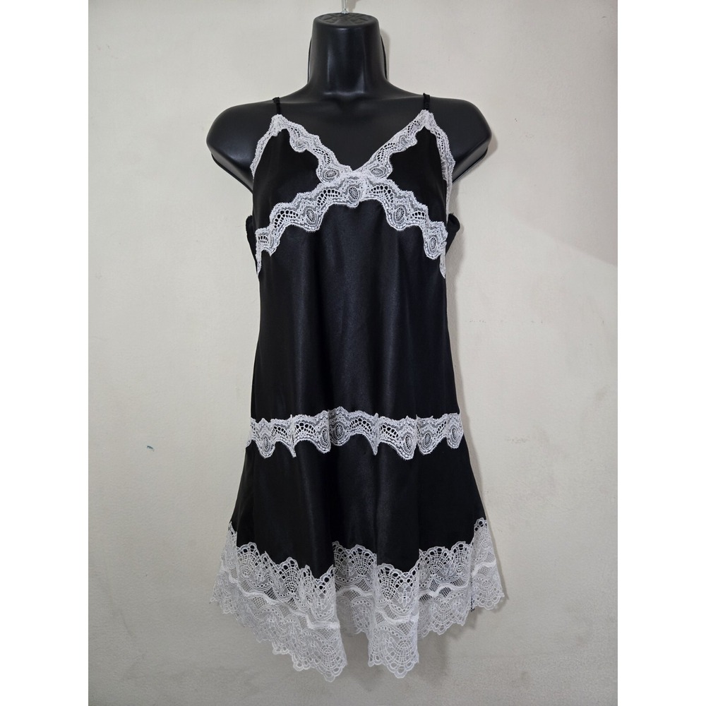 VICTORIA'S SECRET black satin with white lace trim sexy Maid camisole Sz M
